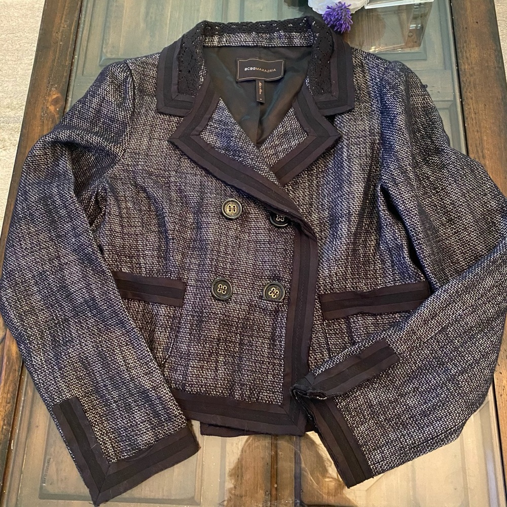 BCBG Maxazria Sz Medium Tweed Blazer Black Silver Double Breasted Wool